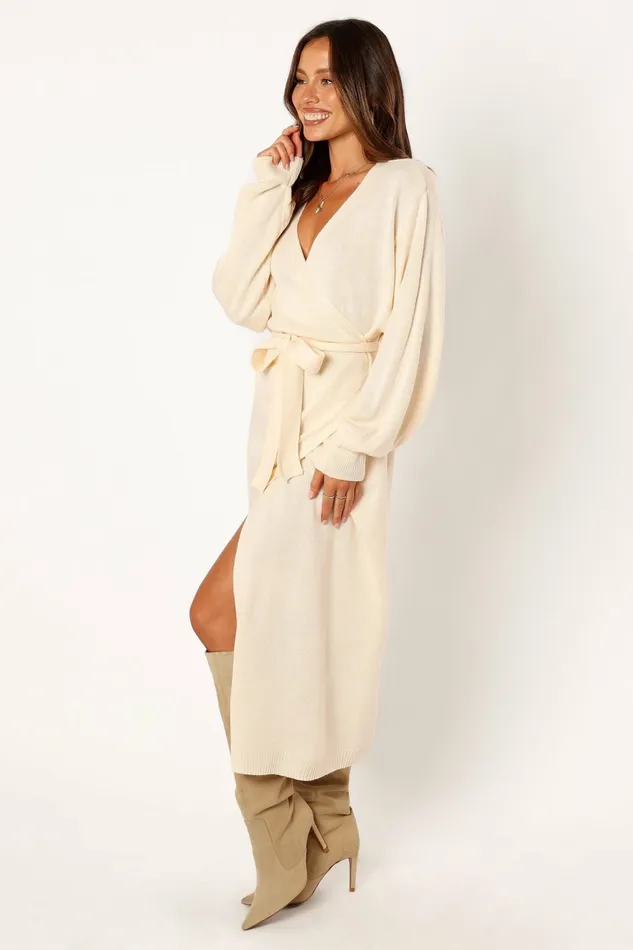 Nova Wrap Knit Midi Dress Taupe Fall Dresses Petal and Pup Women