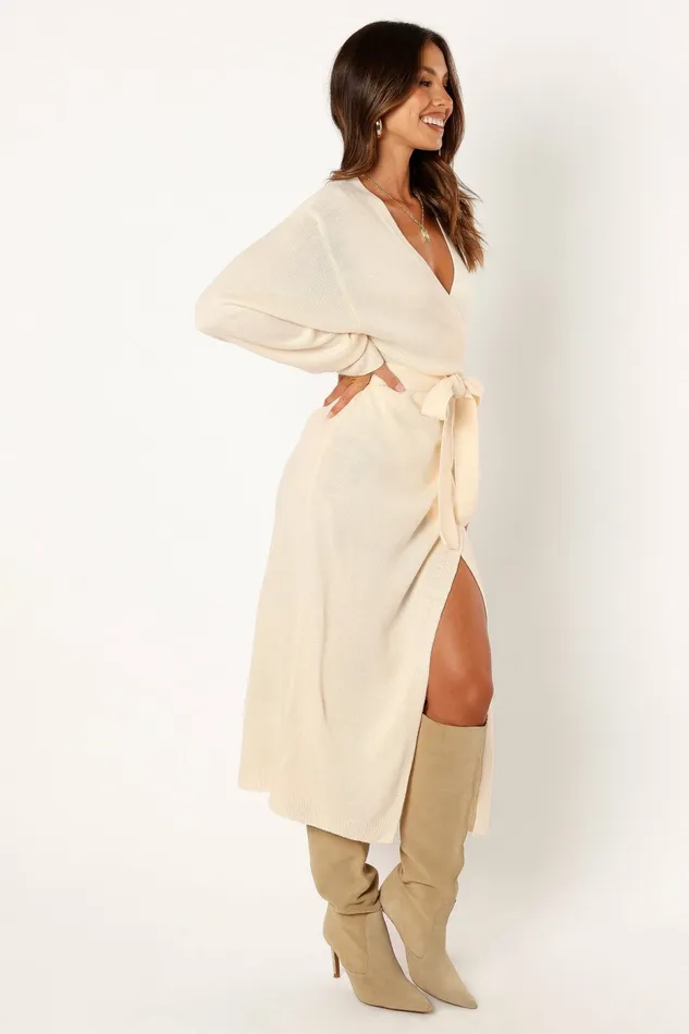 Nova Wrap Knit Midi Dress Taupe Fall Dresses Petal and Pup Women