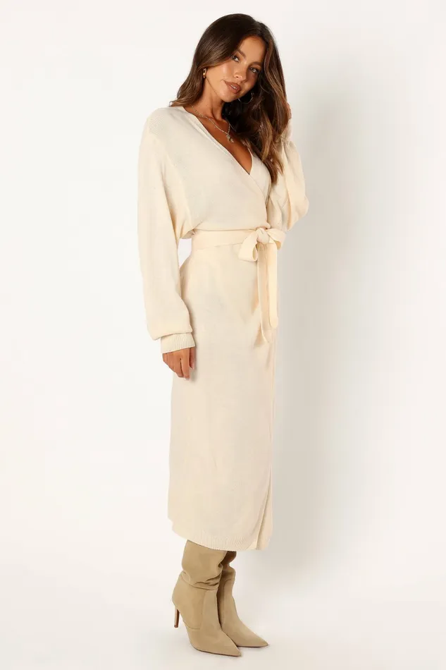Nova Wrap Knit Midi Dress Taupe Fall Dresses Petal and Pup Women
