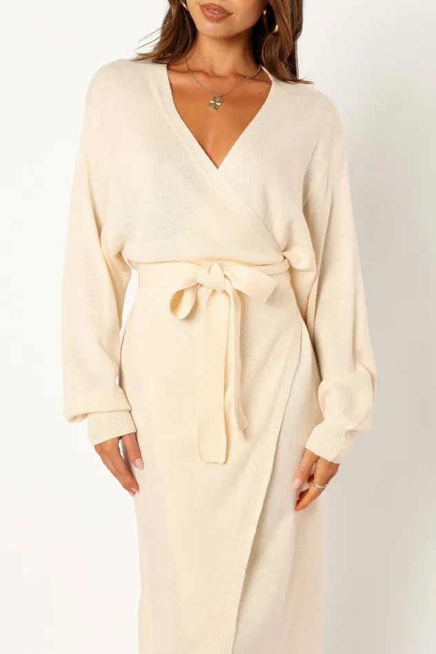 Nova Wrap Knit Midi Dress Taupe Fall Dresses Petal and Pup Women