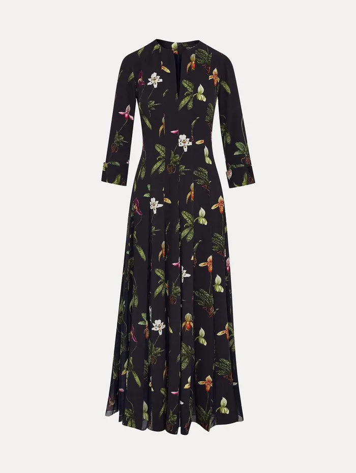 Orchid Cady Inset 34 Sleeve Dress Navy Multi Women Oscar De La Renta Dresses