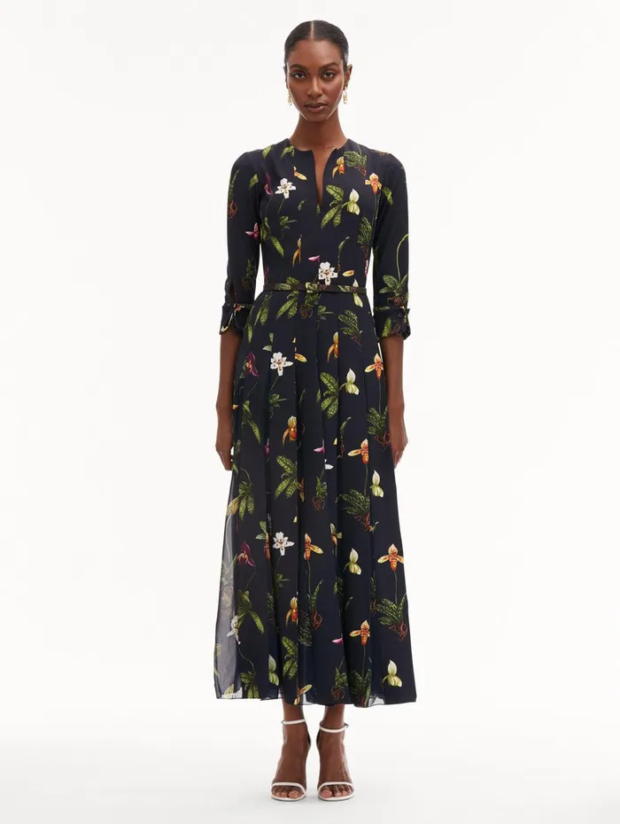 Orchid Cady Inset 34 Sleeve Dress Navy Multi Women Oscar De La Renta Dresses Orchid Cady Inset 34 Sleeve Dress Navy Multi Women Oscar De La Renta Dresses