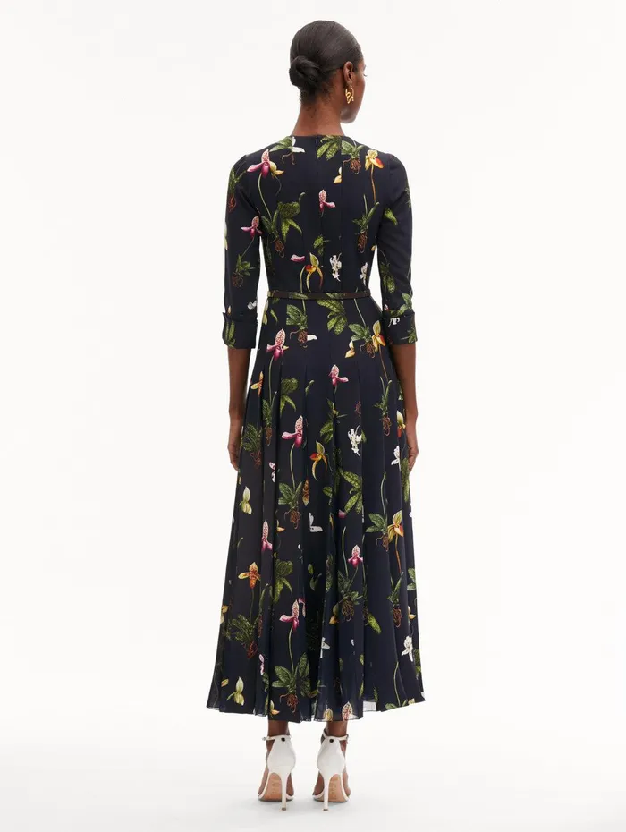 Orchid Cady Inset 34 Sleeve Dress Navy Multi Women Oscar De La Renta Dresses Orchid Cady Inset 34 Sleeve Dress Navy Multi Women Oscar De La Renta Dresses