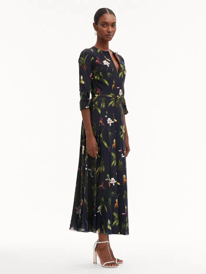 Orchid Cady Inset 34 Sleeve Dress Navy Multi Women Oscar De La Renta Dresses Orchid Cady Inset 34 Sleeve Dress Navy Multi Women Oscar De La Renta Dresses