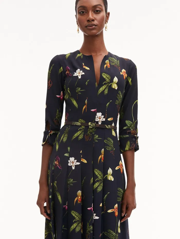 Orchid Cady Inset 34 Sleeve Dress Navy Multi Women Oscar De La Renta Dresses Orchid Cady Inset 34 Sleeve Dress Navy Multi Women Oscar De La Renta Dresses