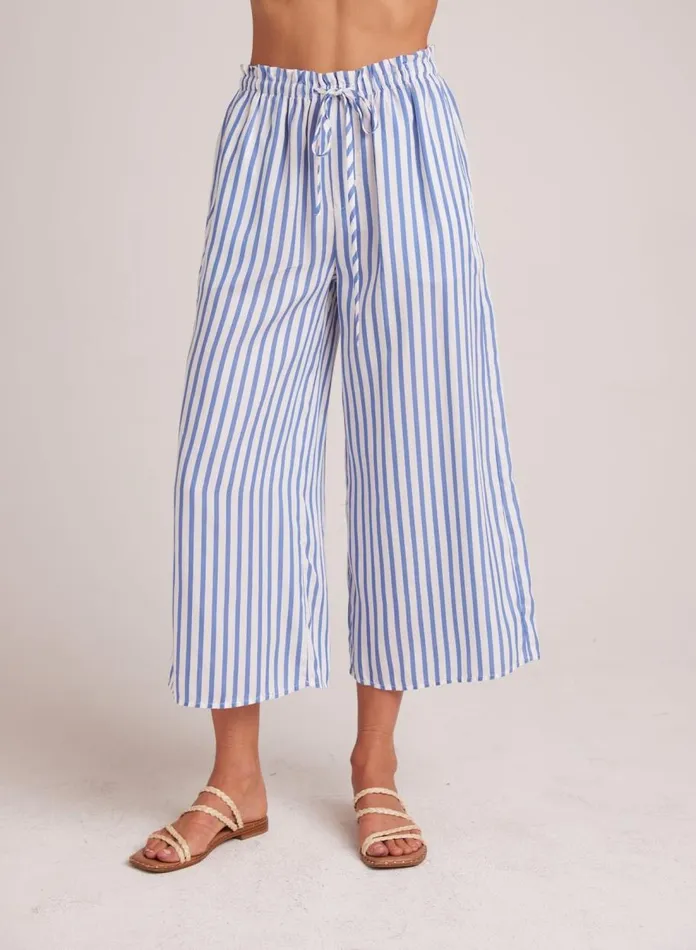 Pants Women Bella Dahl Ruffle Waist Wide Leg Crop 8211 Bahia Breeze Stripe