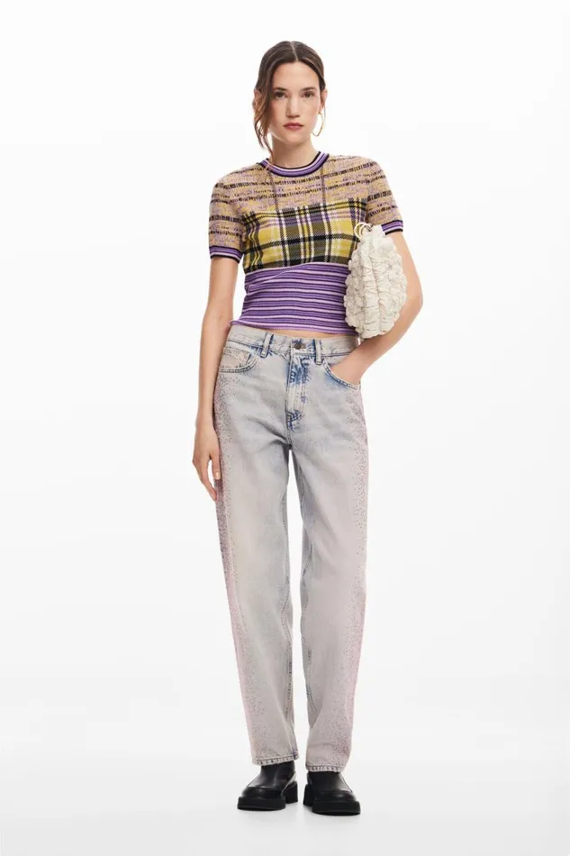 Pants Women Desigual Straight Jeans With Rhinestones Blue