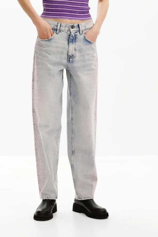 Pants Women Desigual Straight Jeans With Rhinestones Blue
