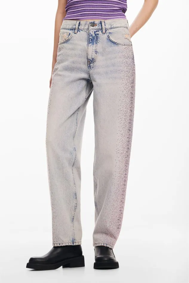 Pants Women Desigual Straight Jeans With Rhinestones Blue
