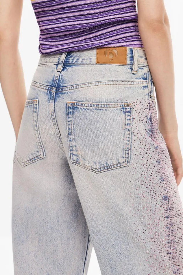Pants Women Desigual Straight Jeans With Rhinestones Blue