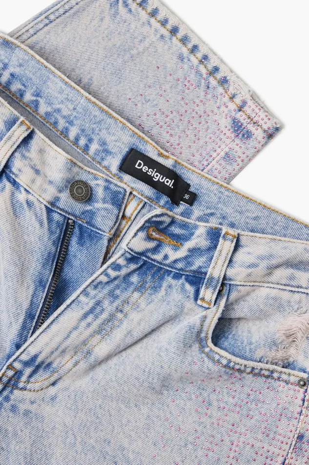 Pants Women Desigual Straight Jeans With Rhinestones Blue