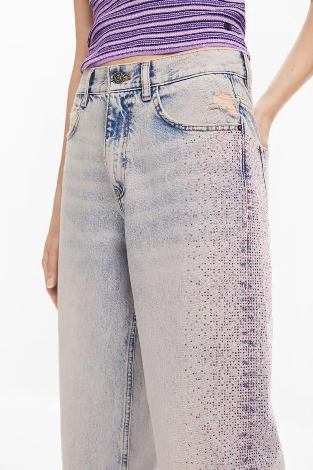 Pants Women Desigual Straight Jeans With Rhinestones Blue