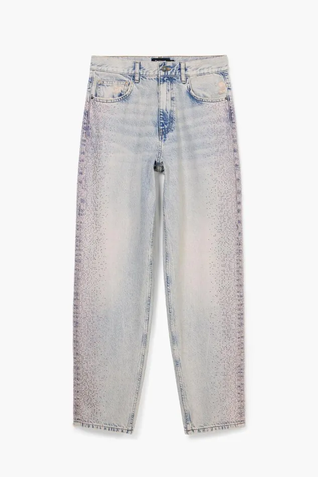Pants Women Desigual Straight Jeans With Rhinestones Blue