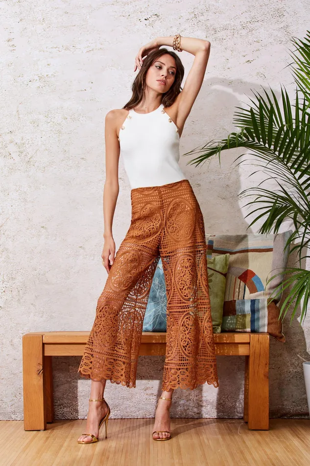 Pants Women Elie Tahari Lace Palazzo Pant CARAMEL