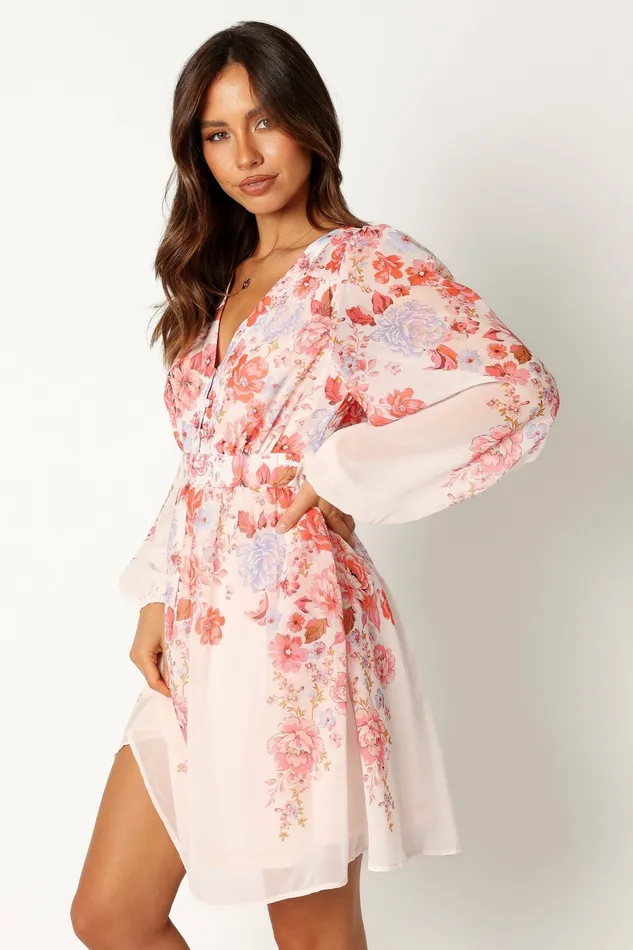 Petal and Pup Hattie Long Sleeve Mini Dress Pink Floral Women Long Sleeve Dresses