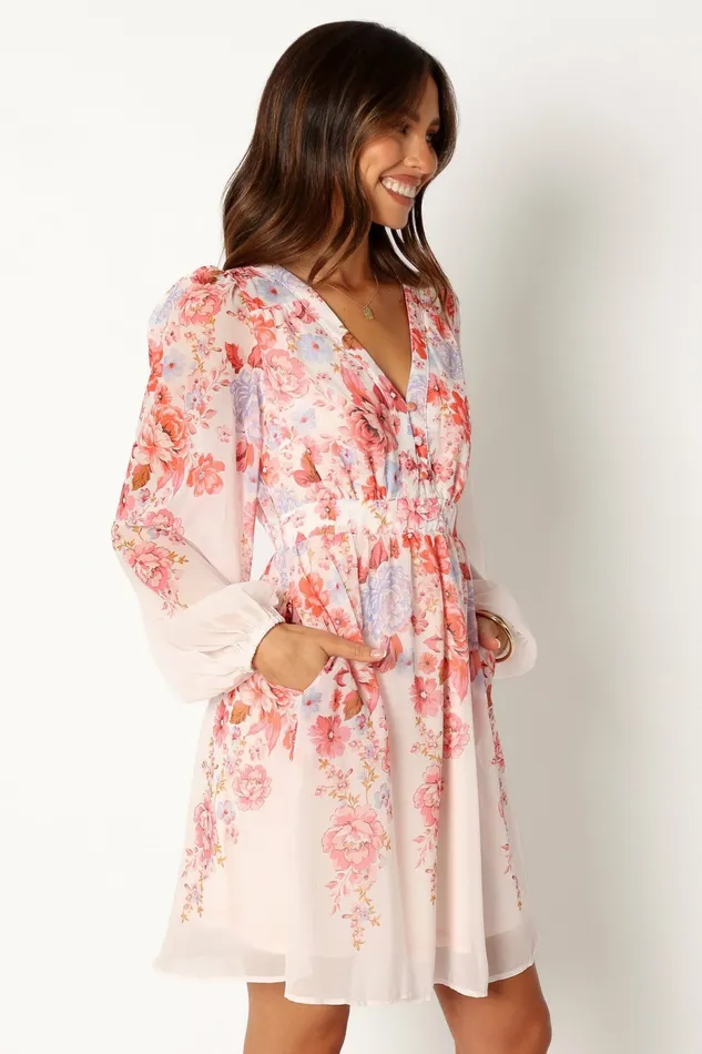 Petal and Pup Hattie Long Sleeve Mini Dress Pink Floral Women Long Sleeve Dresses