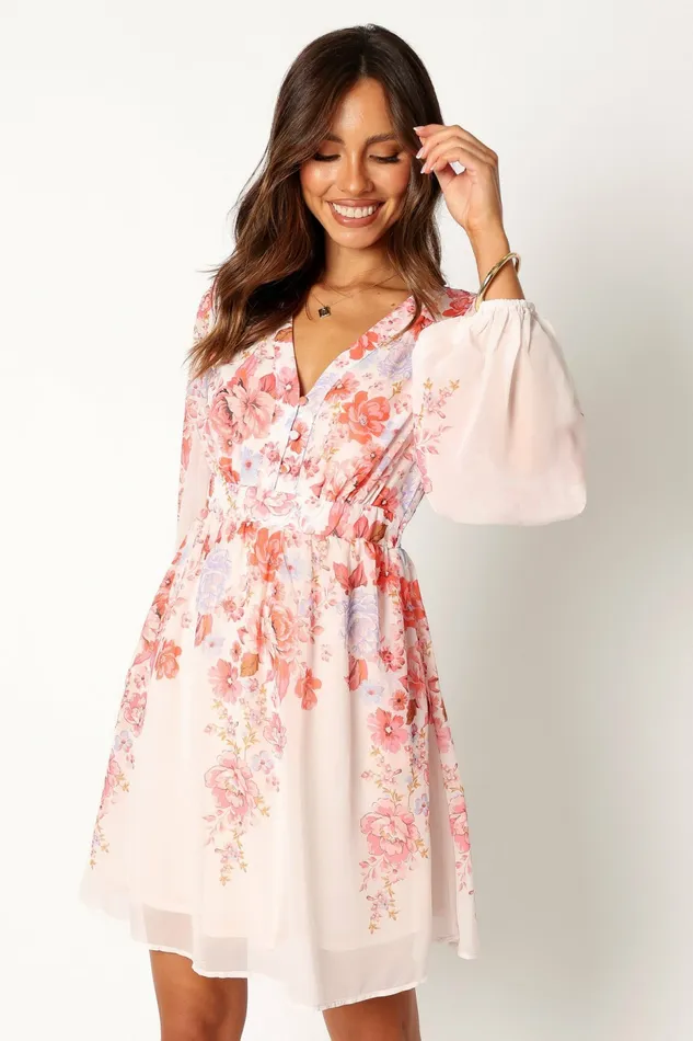 Petal and Pup Hattie Long Sleeve Mini Dress Pink Floral Women Long Sleeve Dresses