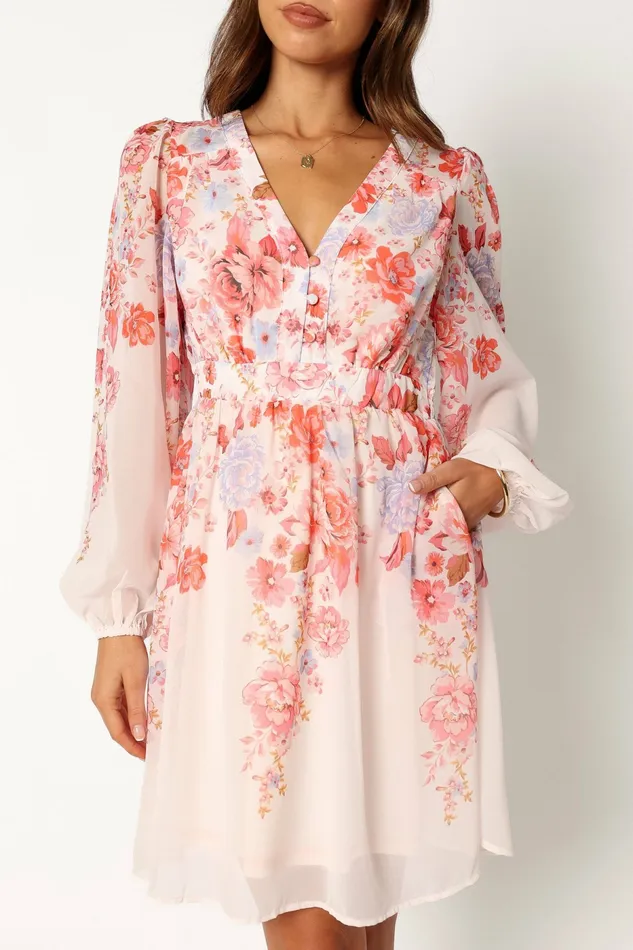 Petal and Pup Hattie Long Sleeve Mini Dress Pink Floral Women Long Sleeve Dresses
