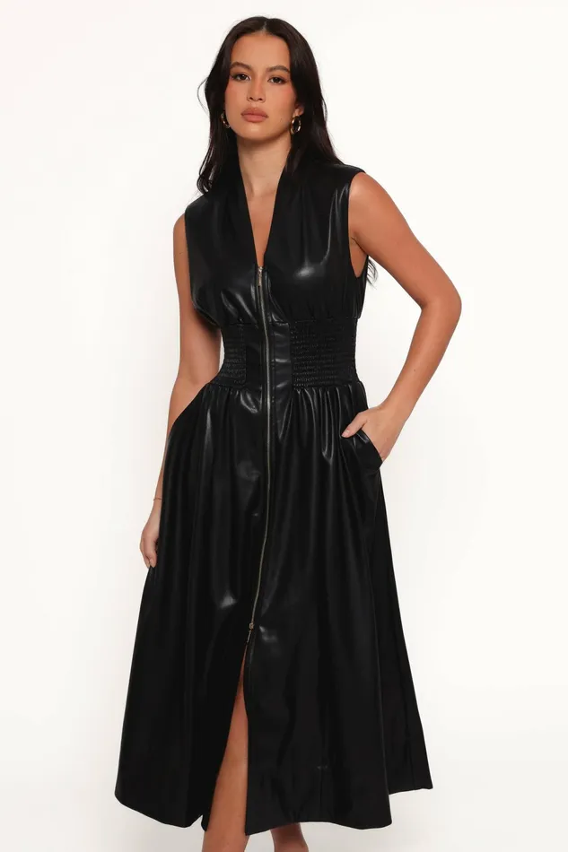 Petal and Pup Lizzi Faux Leather Midi Dress Black Women Fall Dresses