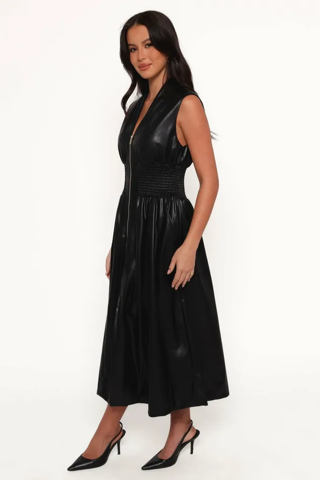 Petal and Pup Lizzi Faux Leather Midi Dress Black Women Fall Dresses