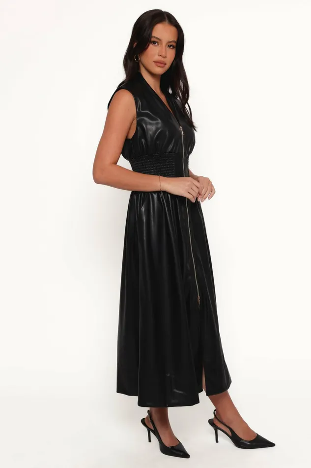 Petal and Pup Lizzi Faux Leather Midi Dress Black Women Fall Dresses