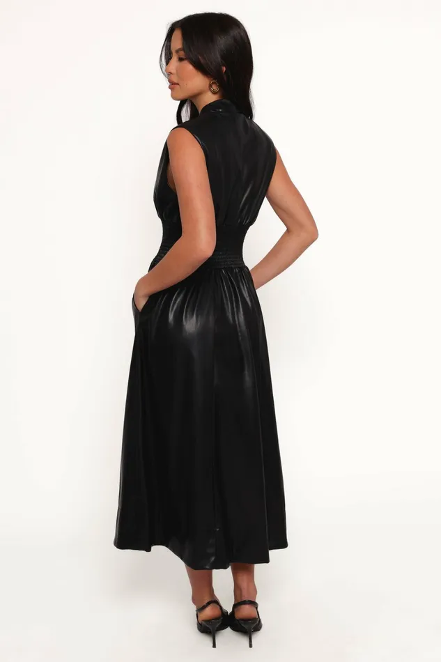 Petal and Pup Lizzi Faux Leather Midi Dress Black Women Fall Dresses