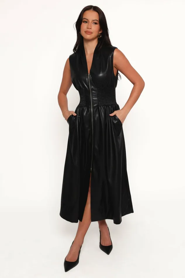 Petal and Pup Lizzi Faux Leather Midi Dress Black Women Fall Dresses