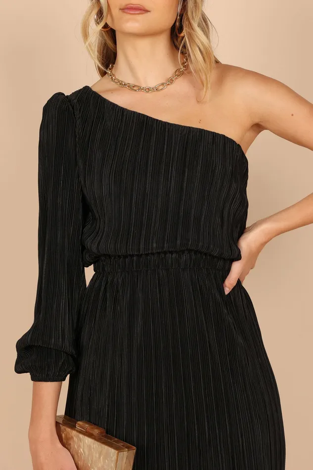 Petal and Pup Pontee One Shoulder Pleated Midi Dress Black Women Long Sleeve Dresses