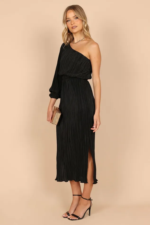 Petal and Pup Pontee One Shoulder Pleated Midi Dress Black Women Long Sleeve Dresses