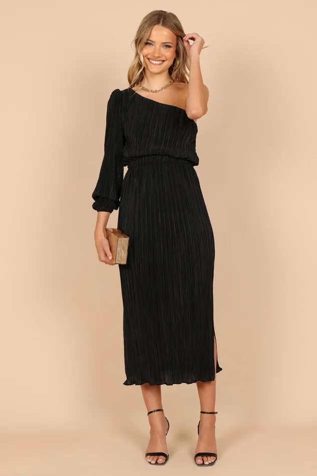 Petal and Pup Pontee One Shoulder Pleated Midi Dress Black Women Long Sleeve Dresses