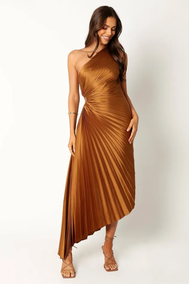 Petal and Pup Satin Dresses Women Kleo One Shoulder Maxi Dress Golden Ochre
