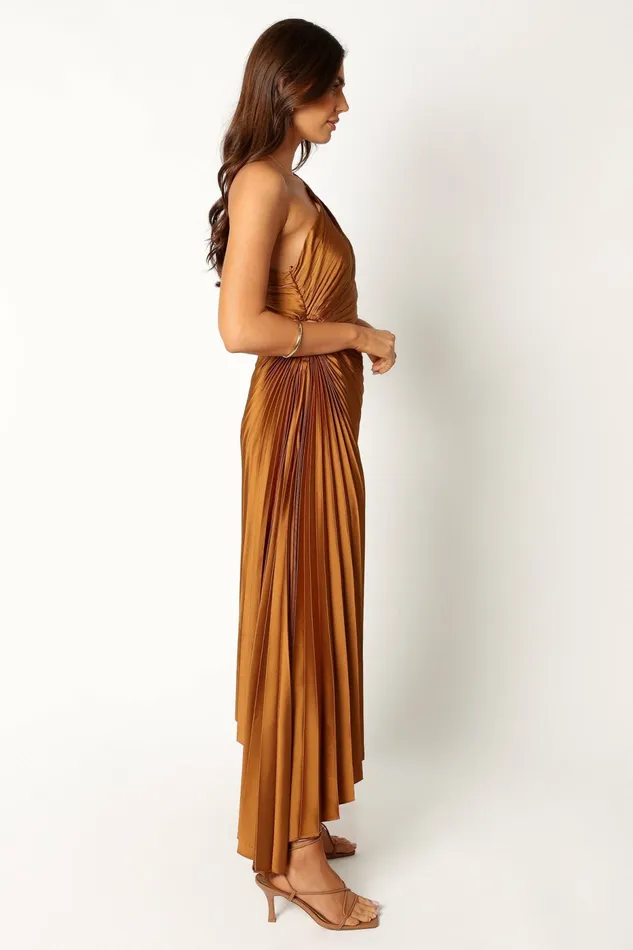 Petal and Pup Satin Dresses Women Kleo One Shoulder Maxi Dress Golden Ochre