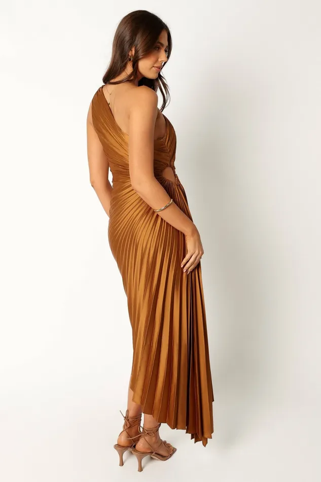 Petal and Pup Satin Dresses Women Kleo One Shoulder Maxi Dress Golden Ochre