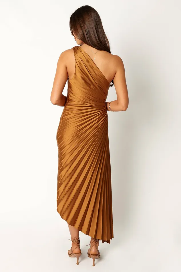 Petal and Pup Satin Dresses Women Kleo One Shoulder Maxi Dress Golden Ochre