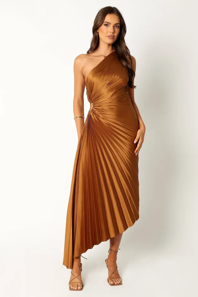 Petal and Pup Satin Dresses Women Kleo One Shoulder Maxi Dress Golden Ochre