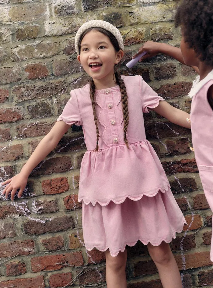 Pink Denim Mini Dress With Scallop Hem Kids Self Portrait Party Dresses Pink Denim Mini Dress With Scallop Hem Kids Self Portrait Party Dresses