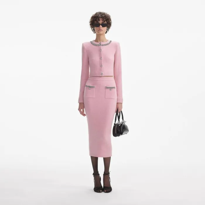 Pink Embellished Knit Midi Skirt Women Self Portrait Knitwear