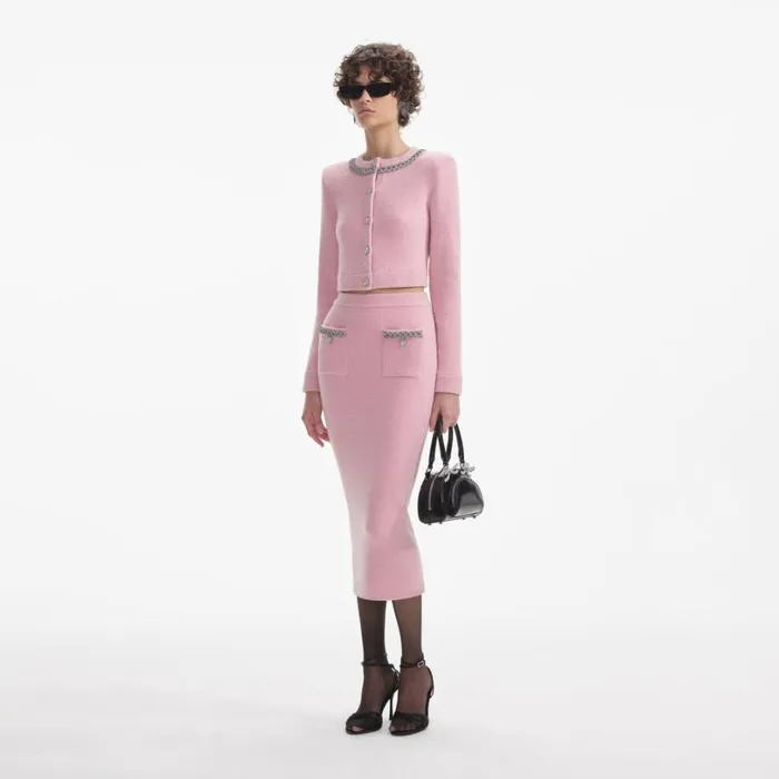 Pink Embellished Knit Midi Skirt Women Self Portrait Knitwear Pink Embellished Knit Midi Skirt Women Self Portrait Knitwear