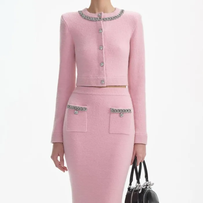 Pink Embellished Knit Midi Skirt Women Self Portrait Knitwear Pink Embellished Knit Midi Skirt Women Self Portrait Knitwear