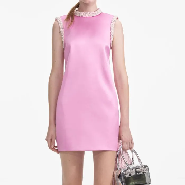 Pink Pearl Trim Satin Mini Dress Women Self Portrait Dresses Pink Pearl Trim Satin Mini Dress Women Self Portrait Dresses