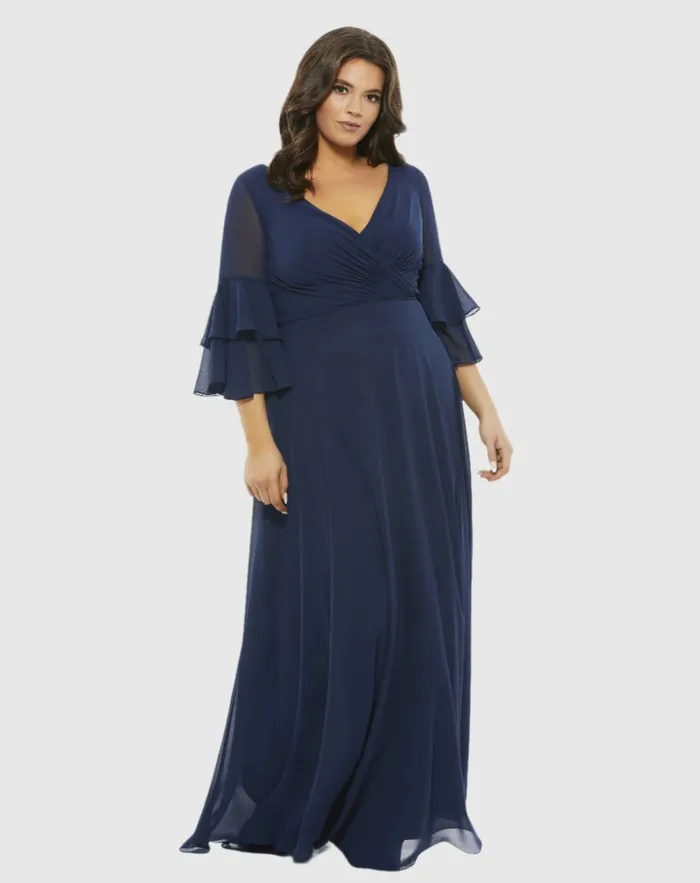 Pleated Bell Sleeve Chiffon Gown Plus Navy Plus Size Dresses Mac Duggal Women
