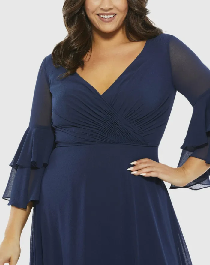 Pleated Bell Sleeve Chiffon Gown Plus Navy Plus Size Dresses Mac Duggal Women