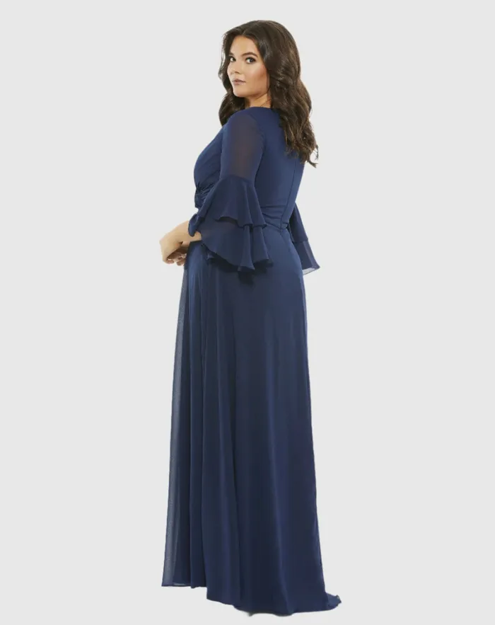 Pleated Bell Sleeve Chiffon Gown Plus Navy Plus Size Dresses Mac Duggal Women