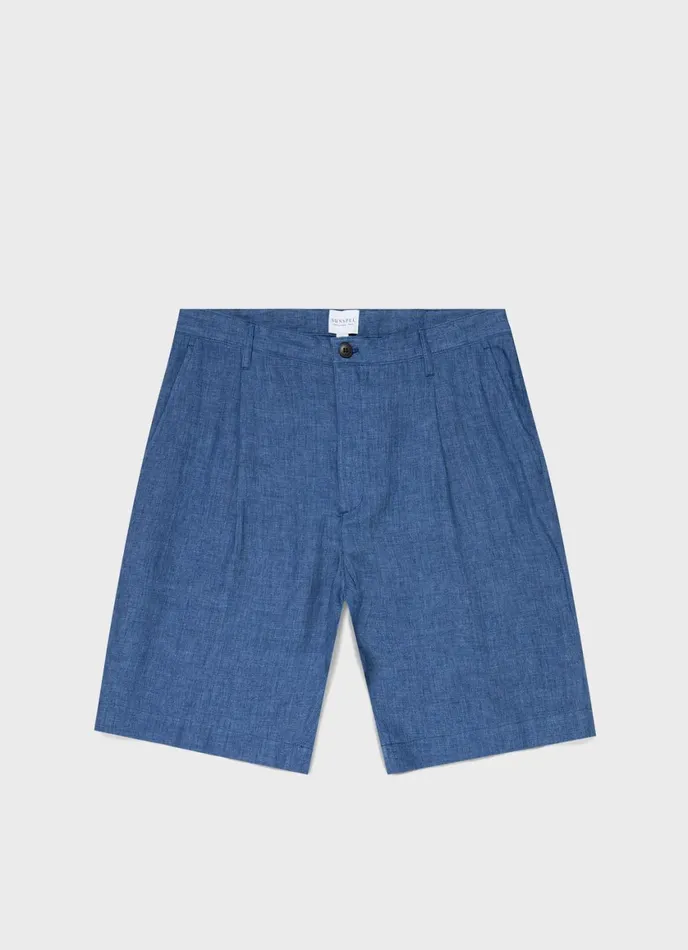 Pleated Linen Short Blue Melange Men SUNSPEL Shorts