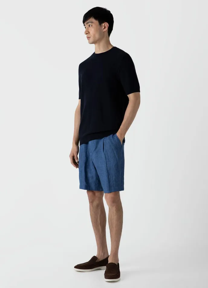 Pleated Linen Short Blue Melange Men SUNSPEL Shorts