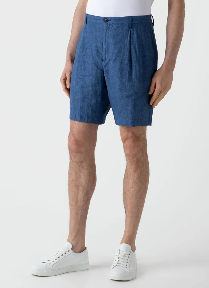 Pleated Linen Short Blue Melange Men SUNSPEL Shorts