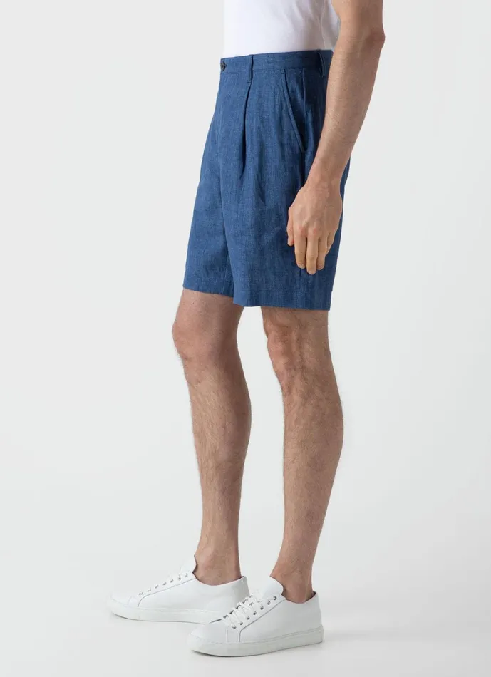 Pleated Linen Short Blue Melange Men SUNSPEL Shorts