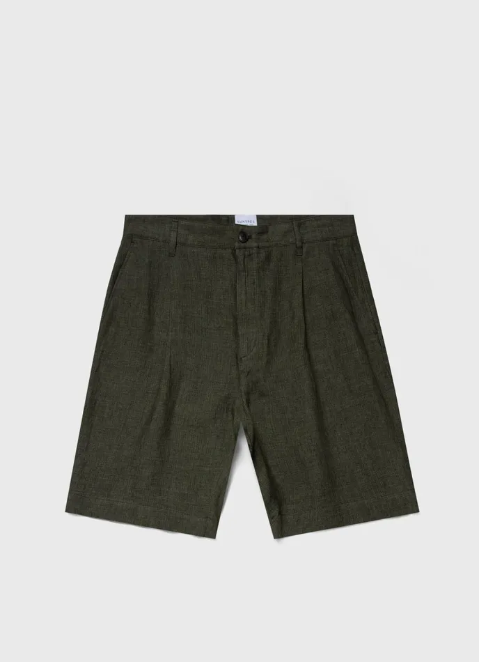 Pleated Linen Short Hunter Green Men SUNSPEL Shorts