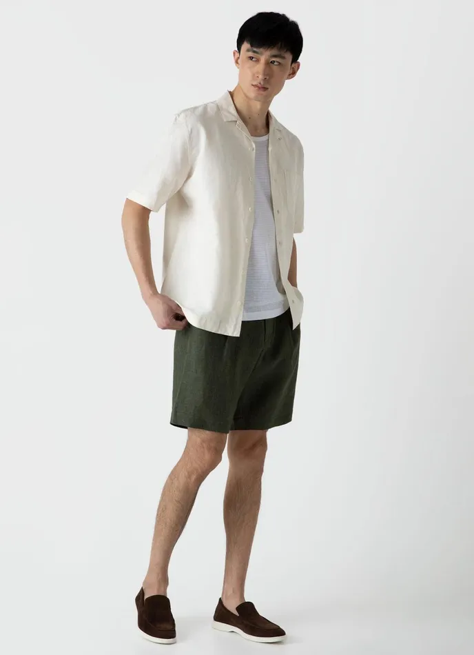 Pleated Linen Short Hunter Green Men SUNSPEL Shorts