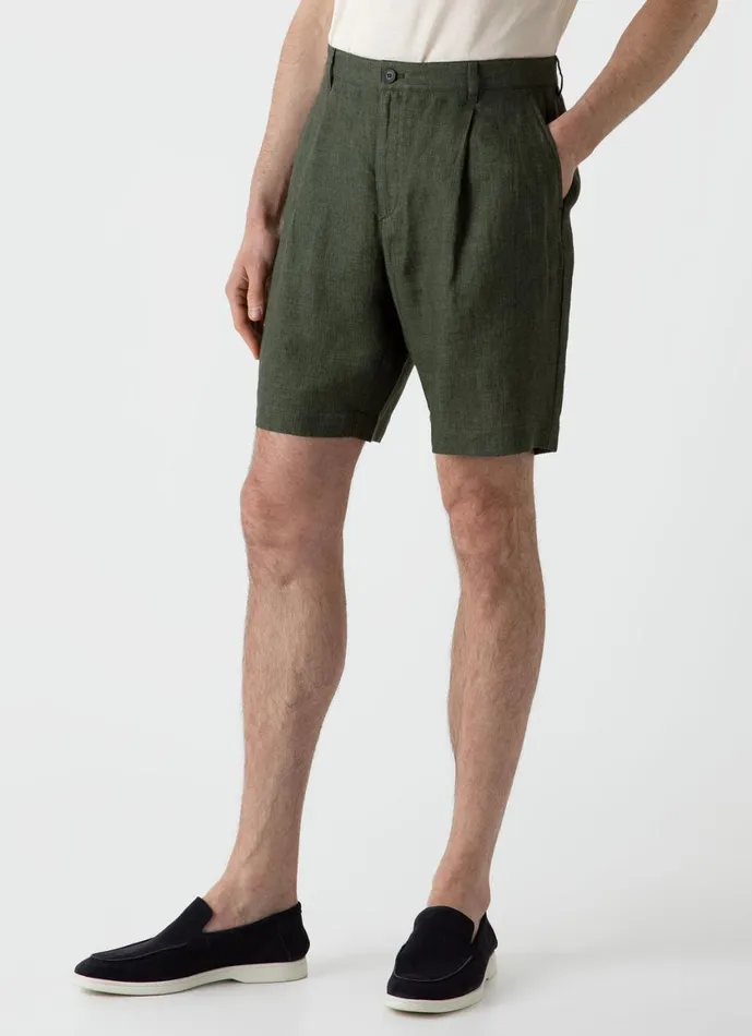 Pleated Linen Short Hunter Green Men SUNSPEL Shorts